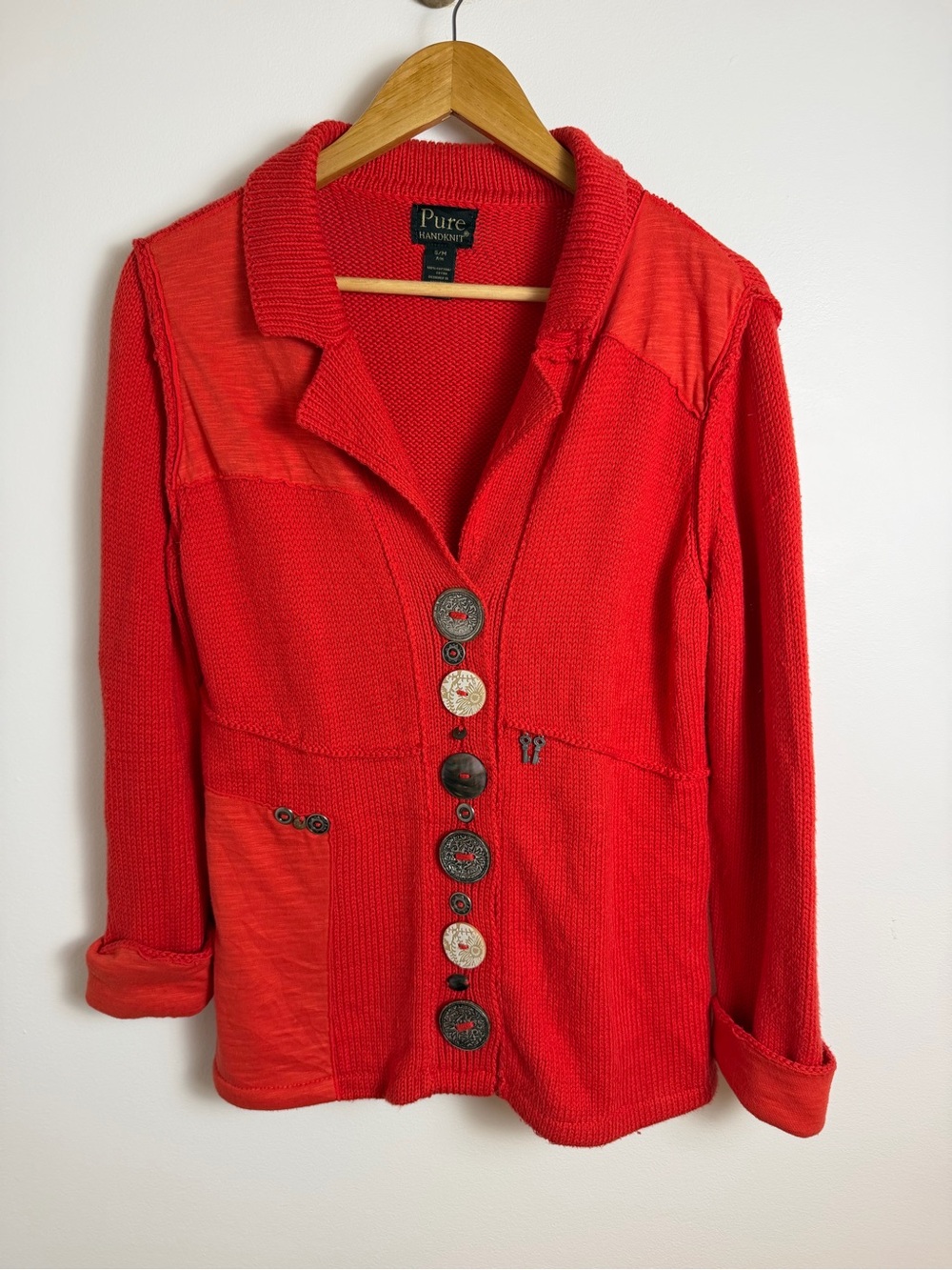 Pure Handknit Tomato Red Patchwork Cotton Cardigan Artsy Boho S/M